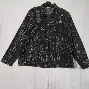 Laura Ashley Jacket Womens XL Gray Embroidered Denim Art Geometric Button Front